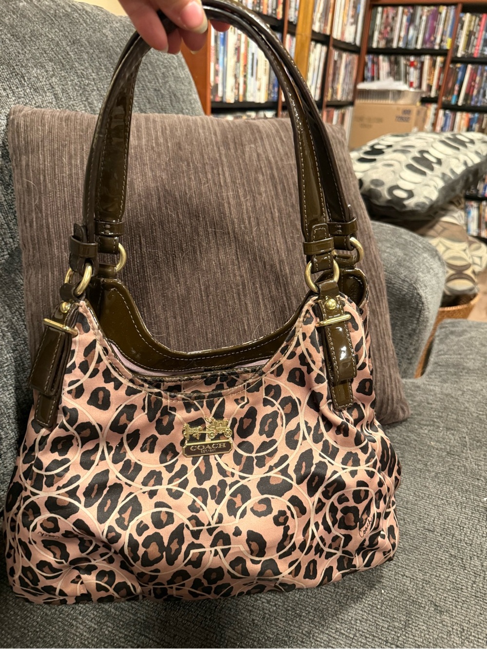 Coach Leopard Shoulder Bag with Brown Patent Trim
